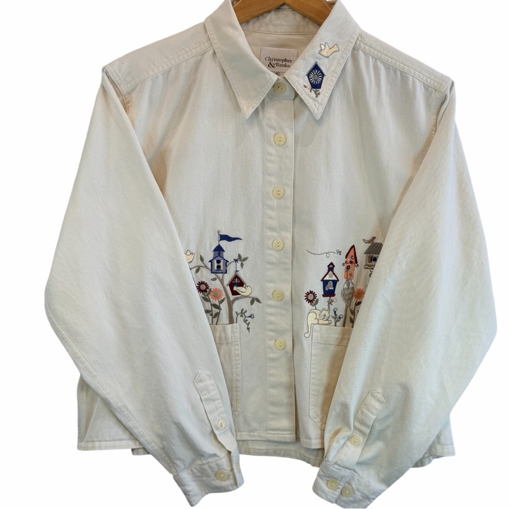 Christopher & Banks Embroidered Birdhouse Jacket Cream Cottagecore Button up XL - Picture 7 of 11